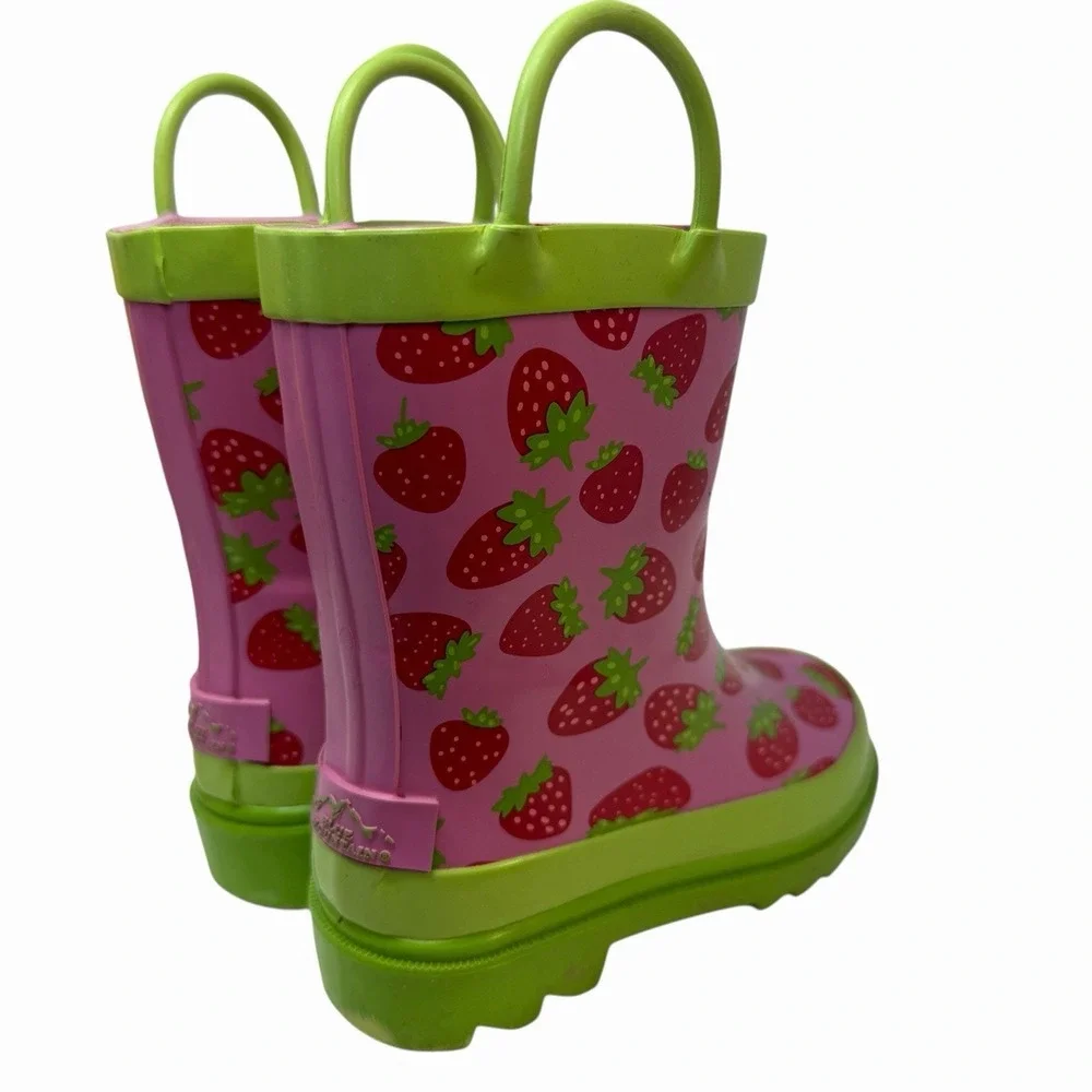 Blue Mountain Kids Strawberry Print Pink Lime Green Rubber Rain Boots BM230 13/1